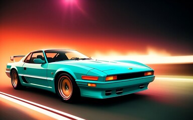 Plakat Sparky retro car of the 90s in motion, neon light, Polaroid effect, generative ai 