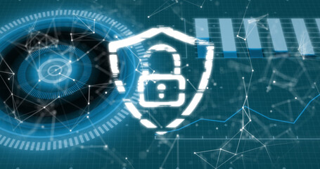 Image of connections, data and digital shield with padlock on green background