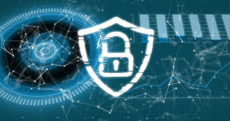 Image of connections, data and digital shield with padlock on green background