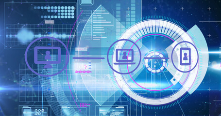 Image of technology icons over data processing on blue background