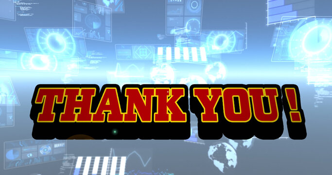 Image of thank you text and data processing on black background