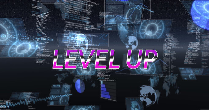 Image of level up text and data processing on black background