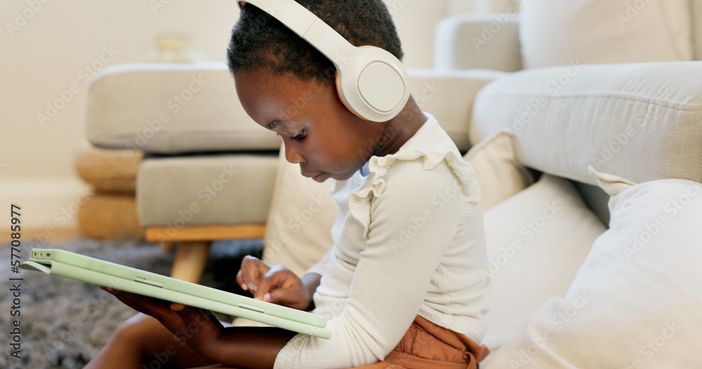 Canvas Prints Language learning, headphones and black child with tablet for online education translation website or video call. Relax kid with digital technology listening and speaking for online learning games