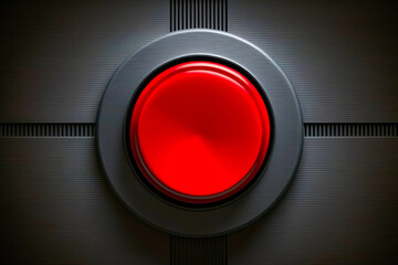 Red Button on the metal wall, closeup view. Created with Generative AI technology.