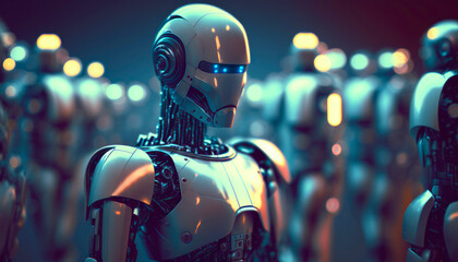 A robot in front of a crowd of robots. The robotic army of the future concept. Created with Generative AI technology.