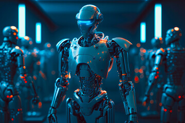 Fototapeta na wymiar Futuristic robot among the robots. Created with Generative AI technology.