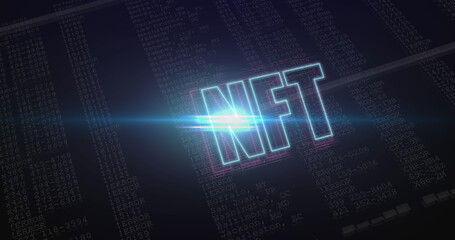 Image of glowing neon blue and purple outlined nft text over data on black background