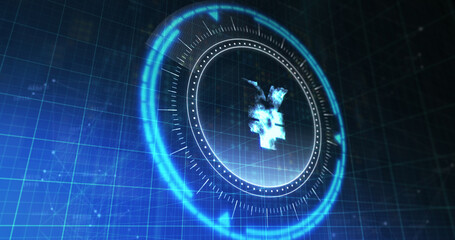Image of processing circle with rotating yen over blue and black digital space