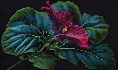  a painting of a purple flower with green leaves on a black background.  generative ai