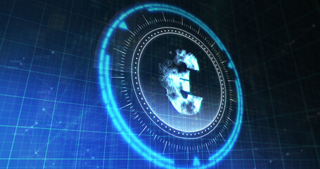 Image of processing circle with rotating euro over blue and black digital space