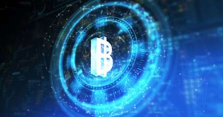 Image of processing circle with rotating bitcoin over blue and black digital space