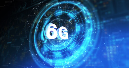 Image of processing circle with rotating 6g over blue and black digital space
