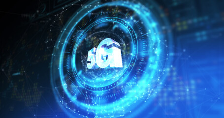 Image of processing circle with rotating 5g over blue and black digital space