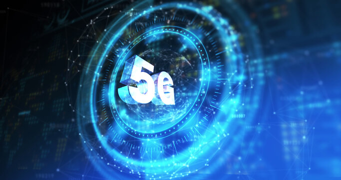 Image of processing circle with rotating 5g over blue and black digital space