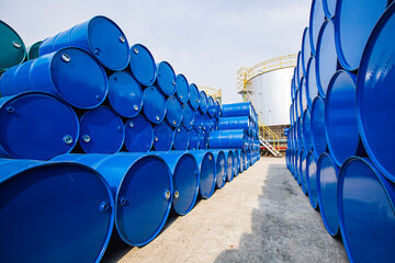 Oil barrels blue or chemical drums horizontal