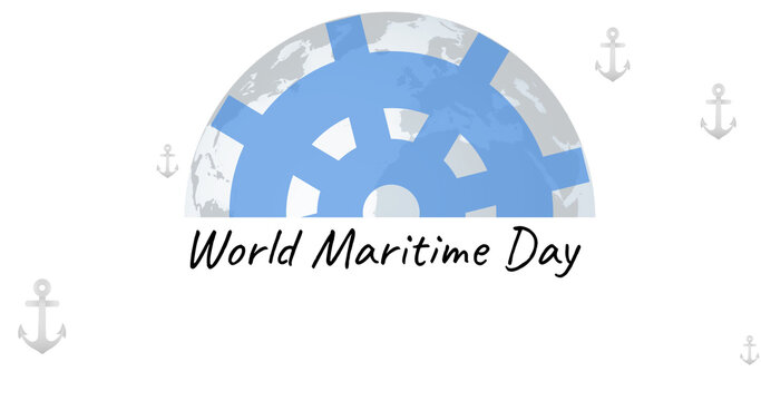Image of world maritime day text over anchors and globe