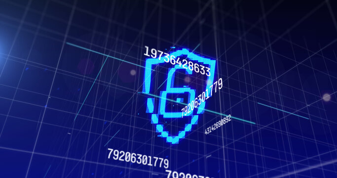 Image of data processing over digital padlock and shield over blue space
