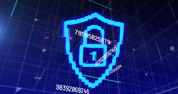 Image of data processing over digital padlock and shield over blue space