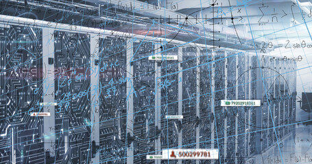 Image of data processing and media icons over server room