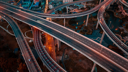 Bridge view from the top view of the building thailand, Beautiful bridge, and river landscapes bird's eye view during sunset,