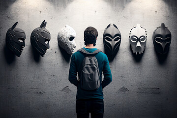 Man choosing which mask to wear. Generative AI illustration
