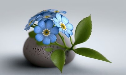  a vase with blue flowers and green leaves on a white background.  generative ai