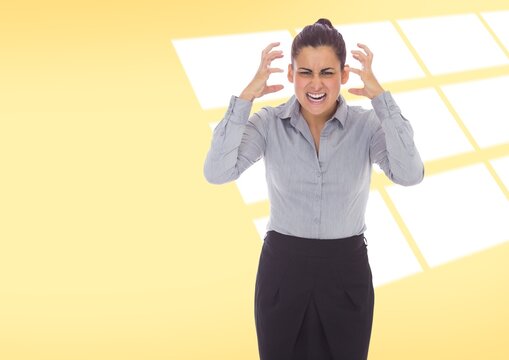 Frustrated caucasian businesswoman against copy space on yellow background