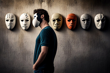 Man choosing which mask to wear. Generative AI illustration - obrazy, fototapety, plakaty