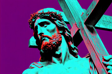 Jesus Christ colorful illustration with cross. Generative AI illustration