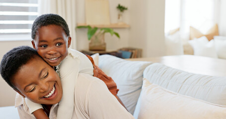 Obraz premium Love, mother and excited child hug playing together bonding in bedroom at house. Happy black woman and baby affection smile, trust and support care or enjoy spending quality time at family home