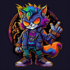 Fototapeta premium Colorful punk rock cat mascot for a candy store, dressed in 90s clothes and holding candy, with mischievous expression.