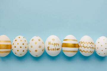 spring banner background with easter eggs on blue background