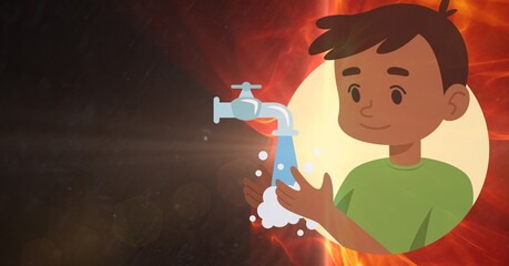Boy washing his hands icon against red fire effect on black background