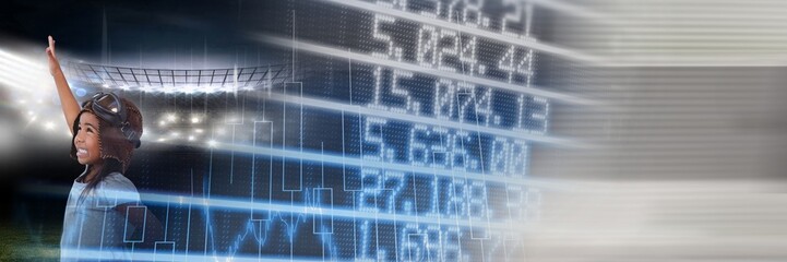 Blurred effect with copy space against african american boy doing flying gesture and sports field