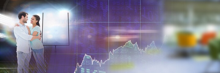 Blurred effect with copy space against caucasian couple hugging and financial data processing