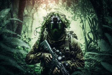 Fototapeta premium Soldier in green forest, Army man with military equipment in a jungle, Generative AI