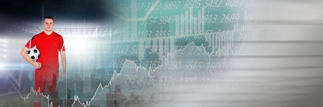 Blurred effect with copy space against caucasian male soccer player and financial data processing - Powered by Adobe