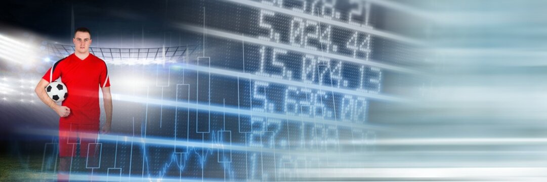 Blurred effect with copy space against caucasian male soccer player and financial data processing - Powered by Adobe
