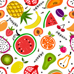 Seamless pattern with summer fresh fruits - cherry, pear, watermelon, banana, peach, kiwi, strawberry, lemon, mango . Flat vector illustration for textile print, wrapping paper