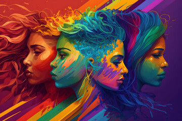 Abstract faces of women in rainbow colors. The concept of supporting LGBT persons. Feminism and women's struggle for their rights. Generative AI illustration.