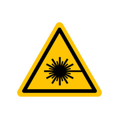 Laser hazard sign. Black danger icon on yellow triangle symbol. Vector illustration of laser radiation. Hazard symbol. Danger pictogram, warning sign icon. Informing about different risk and caution.