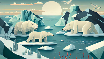 Cartoon illustration of An arctic landscape with polar bear, generative Ai - 577088707