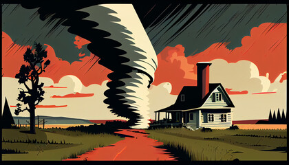 Cartoon illustration of tornado  in a rural landscap eea, generative Ai - 577088729