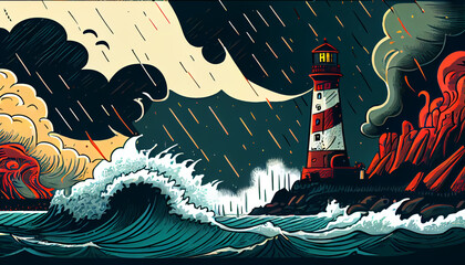 Cartoon illustration of a stormy sea with towering, generative Ai - 577088733