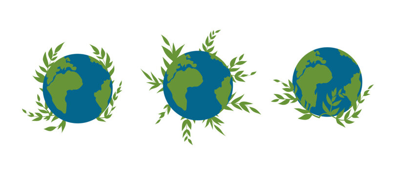 Earth Day vector illustration set. Earth Planet with leafy green branches. An environmental problem. Climate change, world pollution. Earth Day concept set.