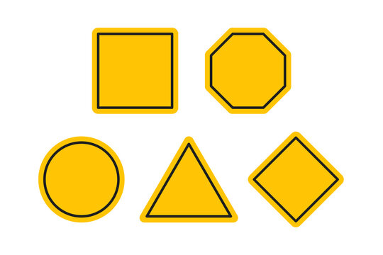 Empty traffic signs set. Yellow blank geometric road signs with black line - attention, be careful. Simle yellow traffic sign