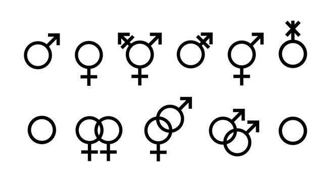 Gender symbol set. Black pictogram, glyph silhouette to represent sex and gender. Gender politics, LGBT identity and personality. Male and female sign. Transgender, non-binary and agender symbol.
