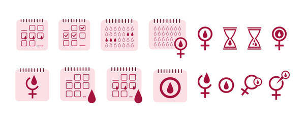 Fototapeta na wymiar Set of icons for menstruation. Women's calendar, gynecological pink icons for female menstruation period. Female period vector elements in flat style isolated on white background.