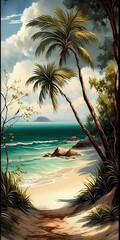Oil painting , generative Ai of tropical beach  - 577089161