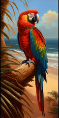Oil painting art poster, generative Ai of tropical beach parrot	 - 577089163